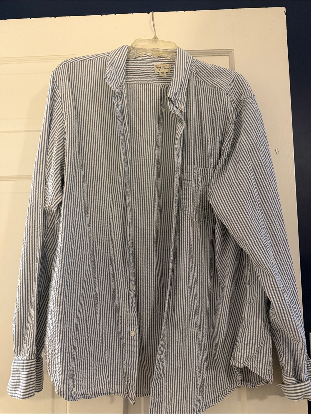 J. Crew Men's Blue and White Striped Button-Down Shirt